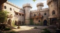 Courtyard of the Mysterious Medieval Castle. Generative AI.