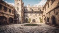 Courtyard of the Mysterious Medieval Castle. Generative AI.