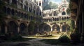 Courtyard of the Mysterious Medieval Castle. Generative AI.