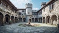 Courtyard of the Mysterious Medieval Castle. Generative AI.