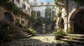 Courtyard of the Mysterious Medieval Castle. Generative AI.