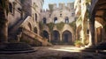 Courtyard of the Mysterious Medieval Castle. Generative AI.