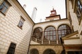 Courtyard of Trebon Castle, Renaissance chateau, palace architecture and park with fountain, sunny summer day, historical medieval