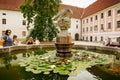 Courtyard of Trebon Castle, Renaissance chateau, palace architecture and park with fountain, sunny summer day, historical medieval