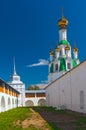 Courtyard white orthodox monastery in sunny day