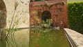 Courtyards and gardens featuring lush vegetation and peaceful water ponds with koi fish at the Real Alcazar, Seville, Spain Royalty Free Stock Photo