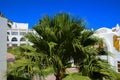 The courtyards of a magnificent white hotel on a summer day. The concept of tourism, vacations and luxury recreation.