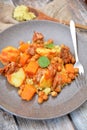 Cous cous arabic food with pumpkin carrots chikpeas lamb potatoes tomato Royalty Free Stock Photo