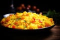 Couscous corn porridge with vegetables, a delicious dish on a wooden backdrop