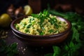 Couscous with fresh basil and green herbs in a ceramic bowl