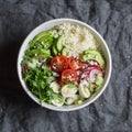 Couscous and fresh vegetables buddha bowl. Healthy, diet, food concept. Cous cous, quail eggs, tomatoes, radish, arugula, avocado