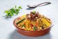 Couscous with meat and vegetables, festive Moroccan dinner