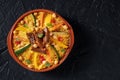 Couscous with meat and vegetables, festive Moroccan dinner, overhead