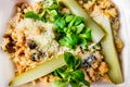 Couscous with mushrooms, grated cheese and corn salad Royalty Free Stock Photo