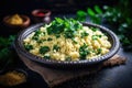 Couscous with spinach and parsley in a rustic metal bowl