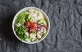 Couscous and vegetables bowl. Healthy, diet, vegetarian food concept. Top view