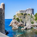 Cove, city wall tower and Fort Lovrijenac in Dubrovnik, Croatia