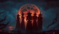 Coven of witches, viewed from the back. Walpurgis night, Halloween. Moon rising