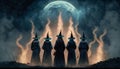 Coven of witches, viewed from the back. Walpurgis night, Halloween. Moon rising