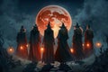 Coven of witches, viewed from the back. Walpurgis night, Halloween. Moon rising