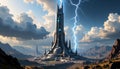 the covenant spire of the first engine, rising from a crater surrounded by lightning storms Royalty Free Stock Photo