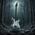 A guitar in the woods with a full moon in the background, album cover.