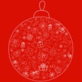 Cover design in the form of a Christmas ball on a red background with white elements for decorative design. Happy new year