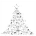 Cover design in the form of a Christmas tree on a white background with black elements for decorative design. Happy new year