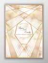 Wedding card. Detailed texture of marble. Vector pattern background. Gold geometric frame.