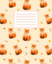 Cover design for notebooks, planners with the image of a funny fox, autumn leaves and twigs.