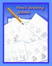 Cover for educational book for artists. Pencil drawing lessons. Textbook for developing artistic skills. Pages show how to learn