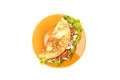 Cover the filling with tomatoes, chicken fillet and leaves in the salad with the other half of the pancake