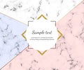 Cover geometric design with blue and pink colors, golden glitter lines on the marble texture. Template for invitation, card, socia