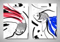 Cover/ invitation card template design, abstract hand drawn brush painting fighting fish, goldfish and art elements, black, red