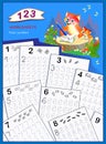 Cover for kids school workbook with counting exercises. Learn to trace numbers. Back to school. Mathematics book with educational