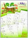 Cover for kids school workbook with exercises. Learn to trace alphabet letters. Back to school. ABC book with educational pages on