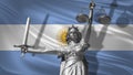 Cover about Law. Statue of god of justice Themis with Flag of Argentina background. Original Statue of Justice. Femida, with scale