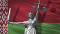 Cover about Law. Statue of god of justice Themis with Flag of Belarus background. Original Statue of Justice. Femida, with scale,