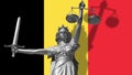 Cover about Law. Statue of god of justice Themis with Flag of Belgium background. Original Statue of Justice. Femida, with scale,