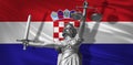 Cover about Law. Statue of god of justice Themis with Flag of Croatia background. Original Statue of Justice. Femida, with scale,