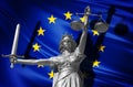 Cover about Law. Statue of god of justice Themis with Flag of European Union background. Original Statue of Justice. Femida, with Royalty Free Stock Photo