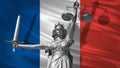 Cover about Law. Statue of god of justice Themis with Flag of France background. Original Statue of Justice. Femida, with scale, s