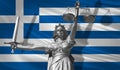 Cover about Law. Statue of god of justice Themis with Flag of Greece background. Original Statue of Justice. Femida, with scale, s