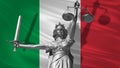 Cover about Law. Statue of god of justice Themis with Flag of Italy background. Original Statue of Justice. Femida, with scale, sy