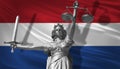 Cover about Law. Statue of god of justice Themis with Flag of Netherlands background. Original Statue of Justice. Femida, with sca