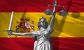 Cover about Law. Statue of god of justice Themis with Flag of Spain background. Original Statue of Justice. Femida, with scale, sy Royalty Free Stock Photo