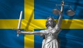 Cover about Law. Statue of god of justice Themis with Flag of Sweden background. Original Statue of Justice. Femida, with scale, s Royalty Free Stock Photo