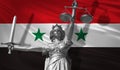 Cover about Law. Statue of god of justice Themis with Flag of Syria background. Original Statue of Justice. Femida, with scale, sy