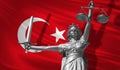 Cover about Law. Statue of god of justice Themis with Flag of Turkey background. Original Statue of Justice. Femida, with scale, s