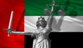 Cover about Law. Statue of god of justice Themis with Flag of United Arab Emirates background. Original Statue of Justice. Femida,